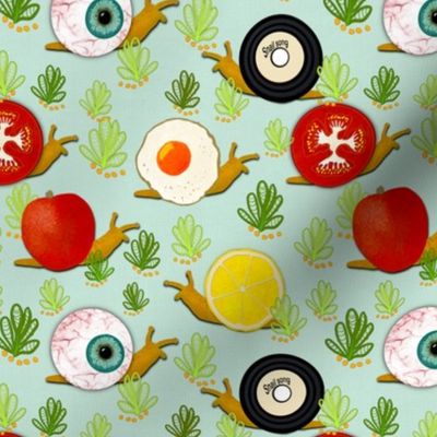 Surrealist snails on canvas mint green fried eggs, tomatoes, vinyl, lemon, apple, eyeballs