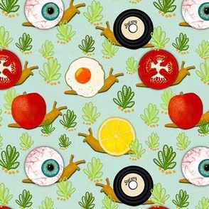 Surrealist snails on canvas mint green fried eggs, tomatoes, vinyl, lemon, apple, eyeballs