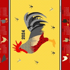 Modern Rooster and Chicken 2024 Calendar Tea Towel
