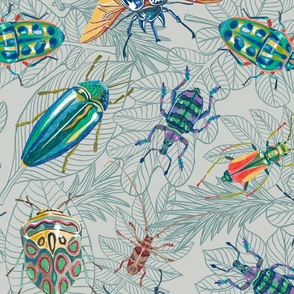 Bugs and Beetles Green Grey Botanical Doodle, Large Scale