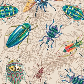 Bugs and Beetles Beige Botanical Doodle, Large Scale