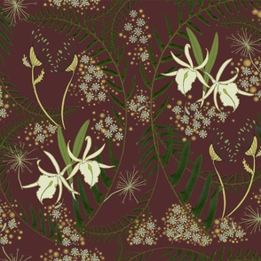 Victorian Era Prince-and-the-Pauper-Orchids-and-Queen-Anne's-Lace-greens-gold-grey-on-burgandy-bkgd
