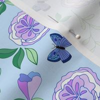 Half Drop Blue Monarch Butterflies and Lavender Roses on Sky Blue