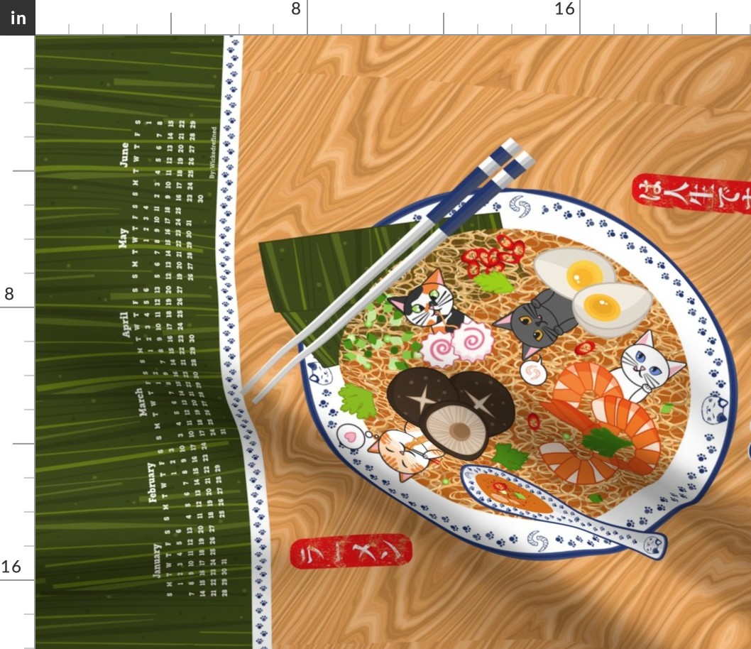 Cats Eating Ramen Noodles Bowl 2024 Calendar Tea Towel