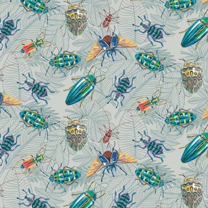 Bugs and Beetles Gray Green Doodle Leaves