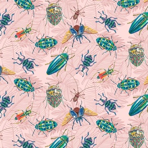 Bugs and Beetles Botanical Doodle on Pink