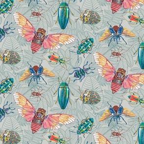 Beetles and Cicadas on Green Gray Doodle Leaves, Small Scale