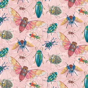 Beetles and Cicadas on Pink Doodle Leaves, Small Scale