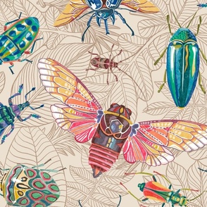 Beetles and Cicadas on Beige Doodle Leaves, Large Scale