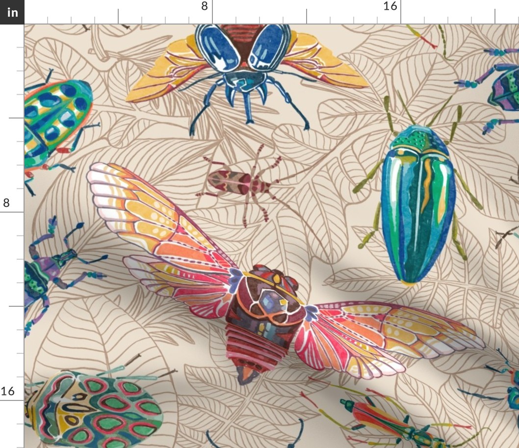 Beetles and Cicadas on Beige Doodle Leaves, Large Scale