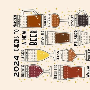 2024 Calendar - Cheers to a New Beer - cream - 2024 tea towel, calendar tea towel, 2024 calendars, beer, drinks calendar, beer calendar