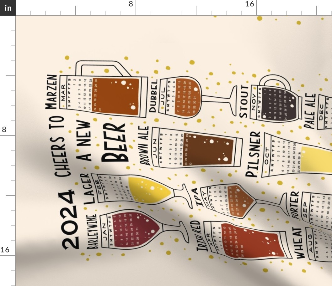 2024 Calendar - Cheers to a New Beer - cream - 2024 tea towel, calendar tea towel, 2024 calendars, beer, drinks calendar, beer calendar