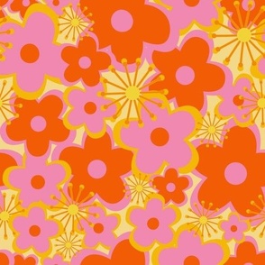 Floral Explosion / Pink and orange / Yellow background