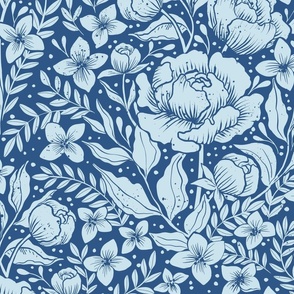 Peonies -botanical Art Nouveau large scale Victorian wallpaper blue