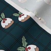 Scandinavian Christmas Pudding - freehand holidays food design on tartan gingham plaid midnight blue