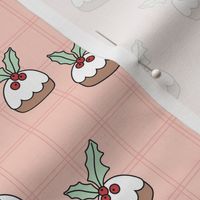 Scandinavian Christmas Pudding berries and mistletoe  - freehand holidays food design on tartan gingham plaid blush pink