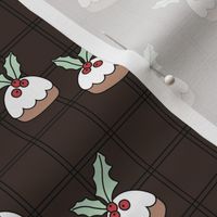 Scandinavian Christmas Pudding berries and mistletoe  - freehand holidays food design on tartan gingham plaid chocolate brown