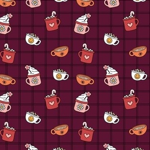 Pumpkin spice and hot chocolate cups of coffee and tea autumn winter cutesie retro seventies design red orange pink on burgundy