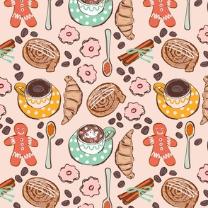 Fika coffee and sweet treats | Cream Pink | 12 inch Large scale fabric