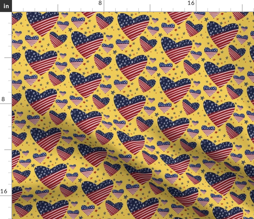 Stars and Stripes Hearts American Flag on yellow 