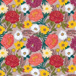 Vibrant red pink purple and yellow florals on mauve grey| roses peonies daisys | medium scale 