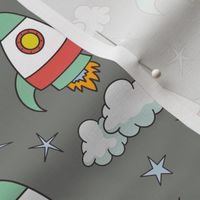 cute rockets and stars on gray | small | colorofmagic