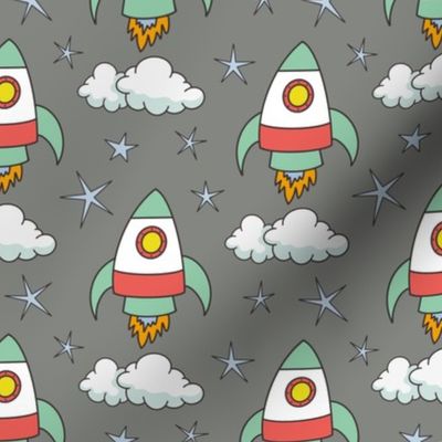 cute rockets and stars on gray | small | colorofmagic