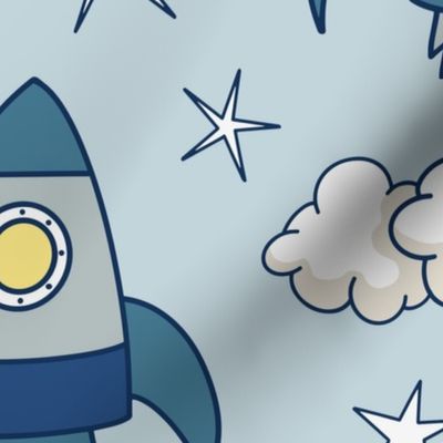 cute rockets and stars on light blue | large | colorofmagic