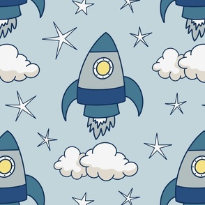 cute rockets and stars on light blue | large | colorofmagic