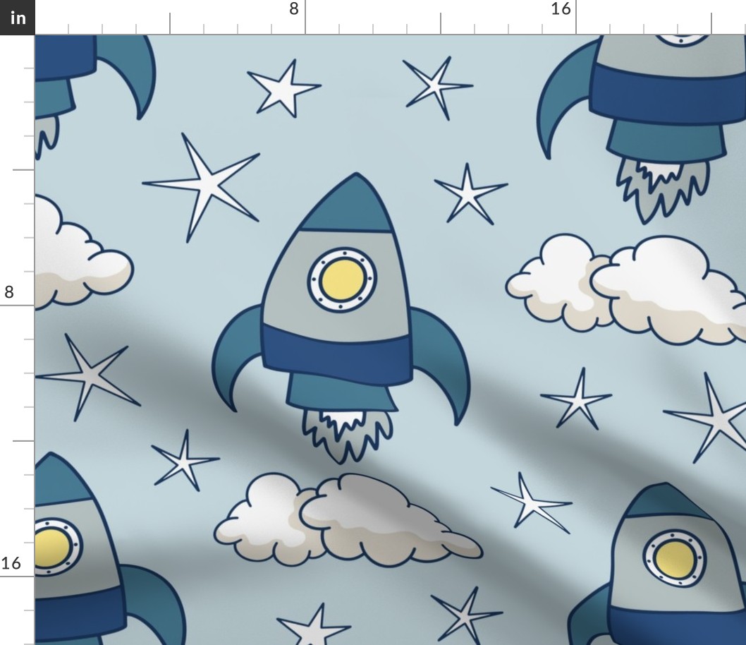 cute rockets and stars on light blue | large | colorofmagic