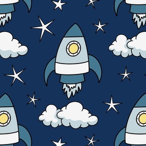 cute rockets and stars on dark cobalt blue | large | colorofmagic