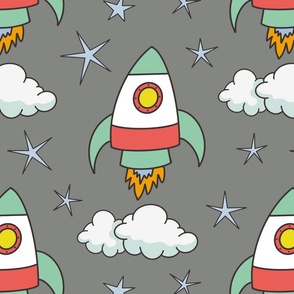 cute rockets and stars on gray | large | colorofmagic