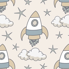 cute rockets and stars on pastel linen | large | colorofmagic