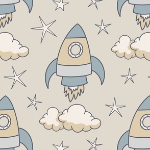 cute rockets and stars on light yellowish gray | large | colorofmagic