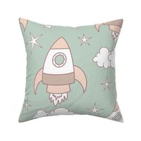 cute rockets and stars on greenish gray | large | colorofmagic