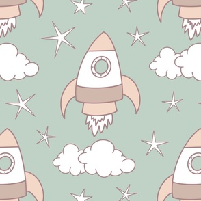 cute rockets and stars on greenish gray | large | colorofmagic