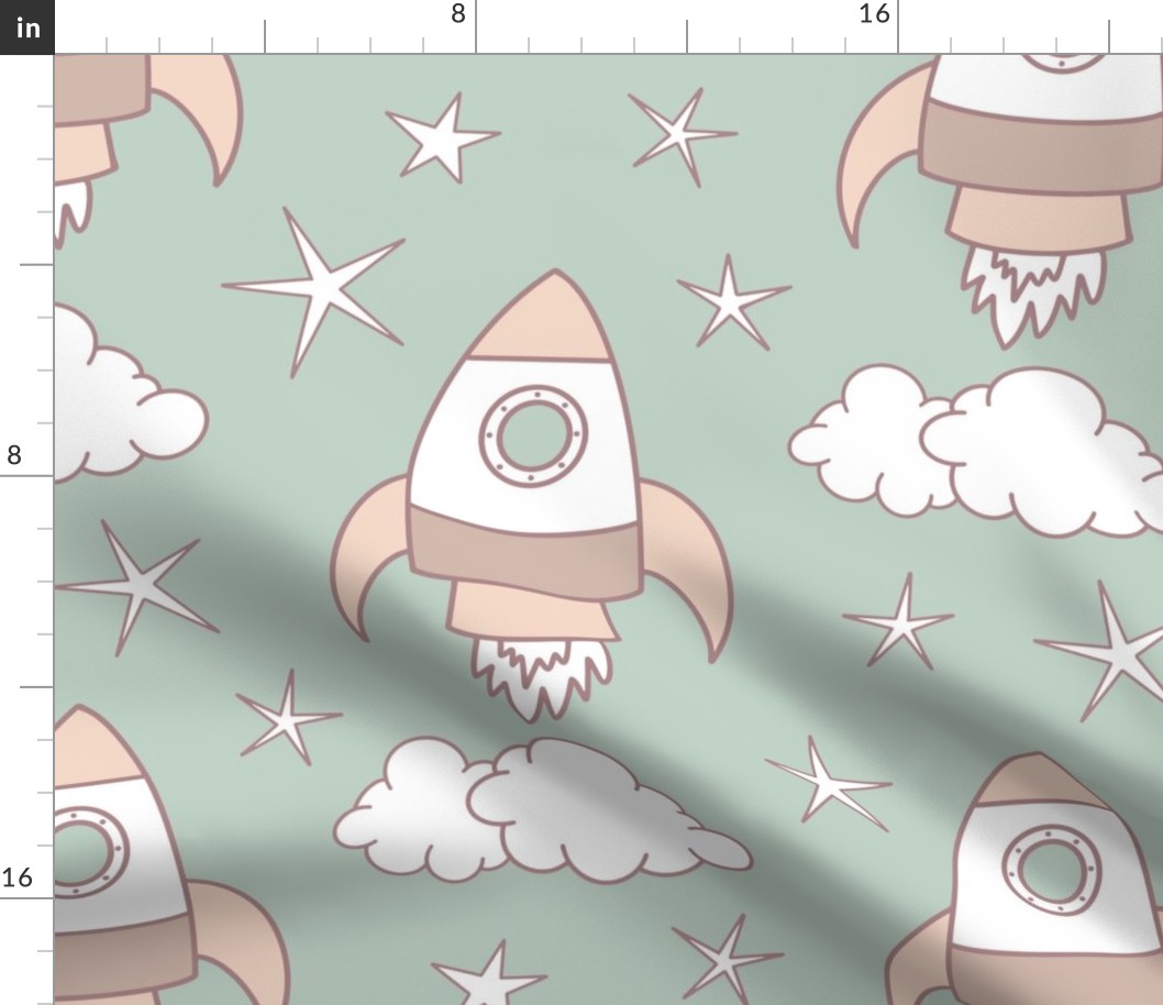 cute rockets and stars on greenish gray | large | colorofmagic