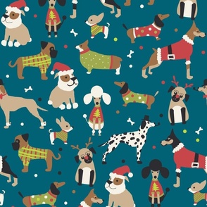 Christmas Dogs- Traditional- Teal