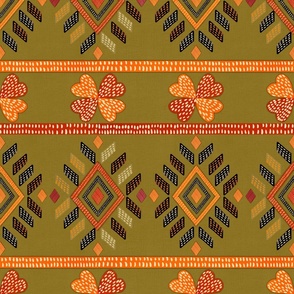 Handdrawn vintage Native American geometric autumn fall on olive linen medium