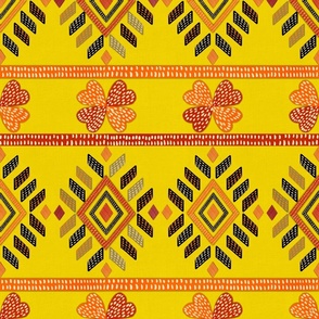 Tribal ethnic American Indian vintage embroidery effect Yellow linen with black and olive medium
