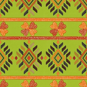 Tribal ethnic American Indian vintage embroidery effect lime green linen, orange and black medium