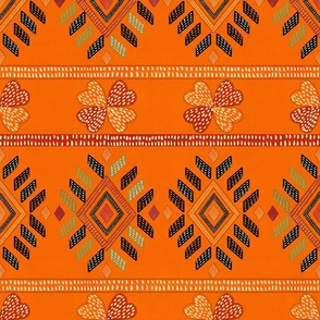Tribal ethnic American Indian vintage embroidery effect 12” repeat Orange linen, cream black crimson medium