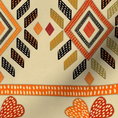 Tribal ethnic American Indian vintage embroidery effect  12” Buff cream, orange green medium