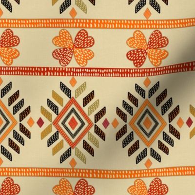 Tribal ethnic American Indian vintage embroidery effect Buff, orange olive green small