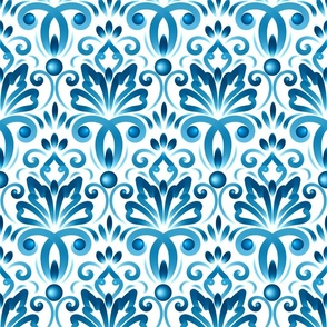 Ornamental Damask Victorian Floral Pattern - Dark Sea Blue Cyan - Bogemian Modern Soft  Royal Art Deco Antique Ornament - Botanical Petal Vintage Motive  -  Middle
