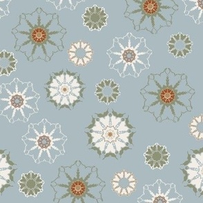 Winter Snowflakes in Rust , Green, and Gold on Blue Gray 