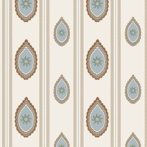 Small Snowflake Medallions in Blue, Camel, Green, Rust with Stripes on Cream