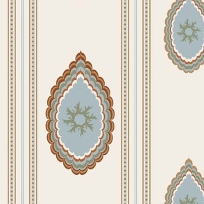 Snowflake Medallions in Blue, Camel, Green, Rust with Stripes on Cream