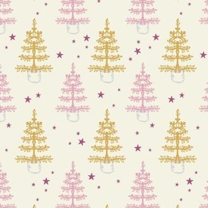 Small Christmas Trees Pink and Gold under Festive Holiday Stars on Cream