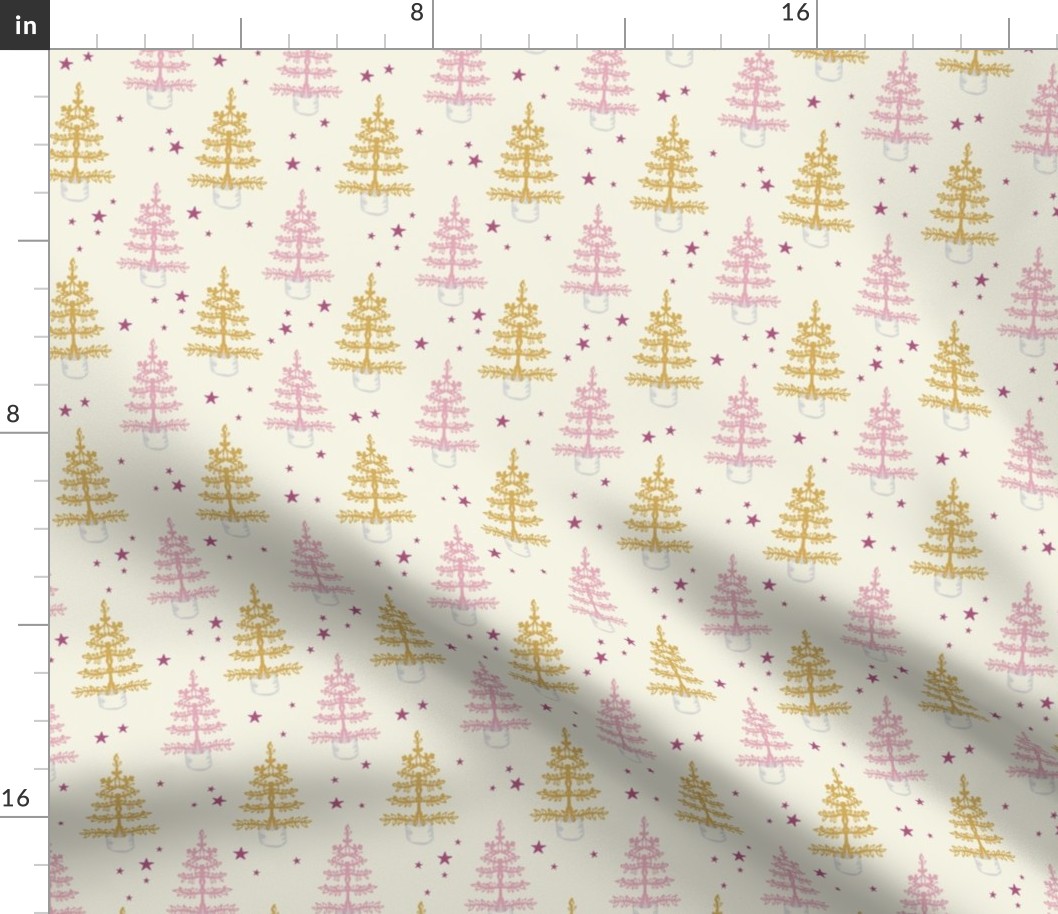 Small Christmas Trees Pink and Gold under Festive Holiday Stars on Cream